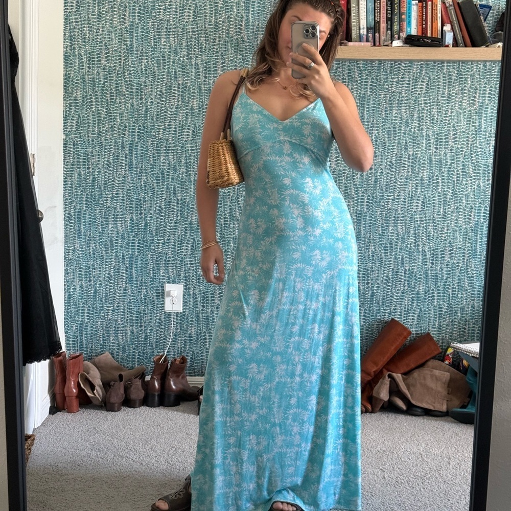 Michael Khors Light Blue Palm-Print Slip Maxi Dress‎